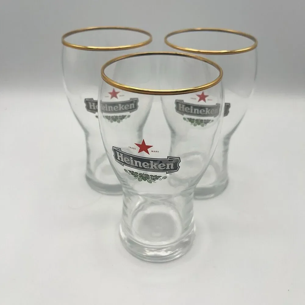 3 Heineken 300 ml Gold Rim Tulip Beer Glasses Holland Netherlands